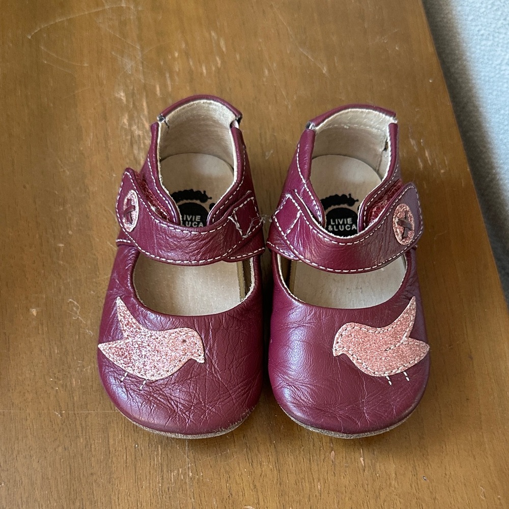 Livie & Luca Maroon Mary Janes with Pink Glitter Bird